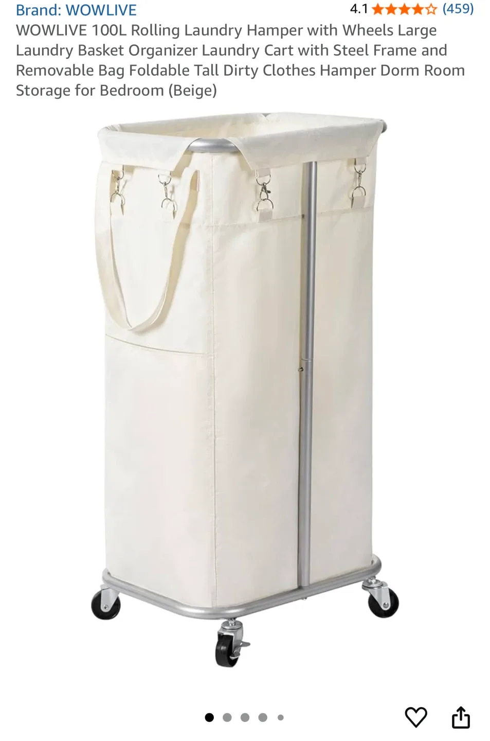 WOWLIVE 100L Rolling Laundry Hamper - Beige thumbnail