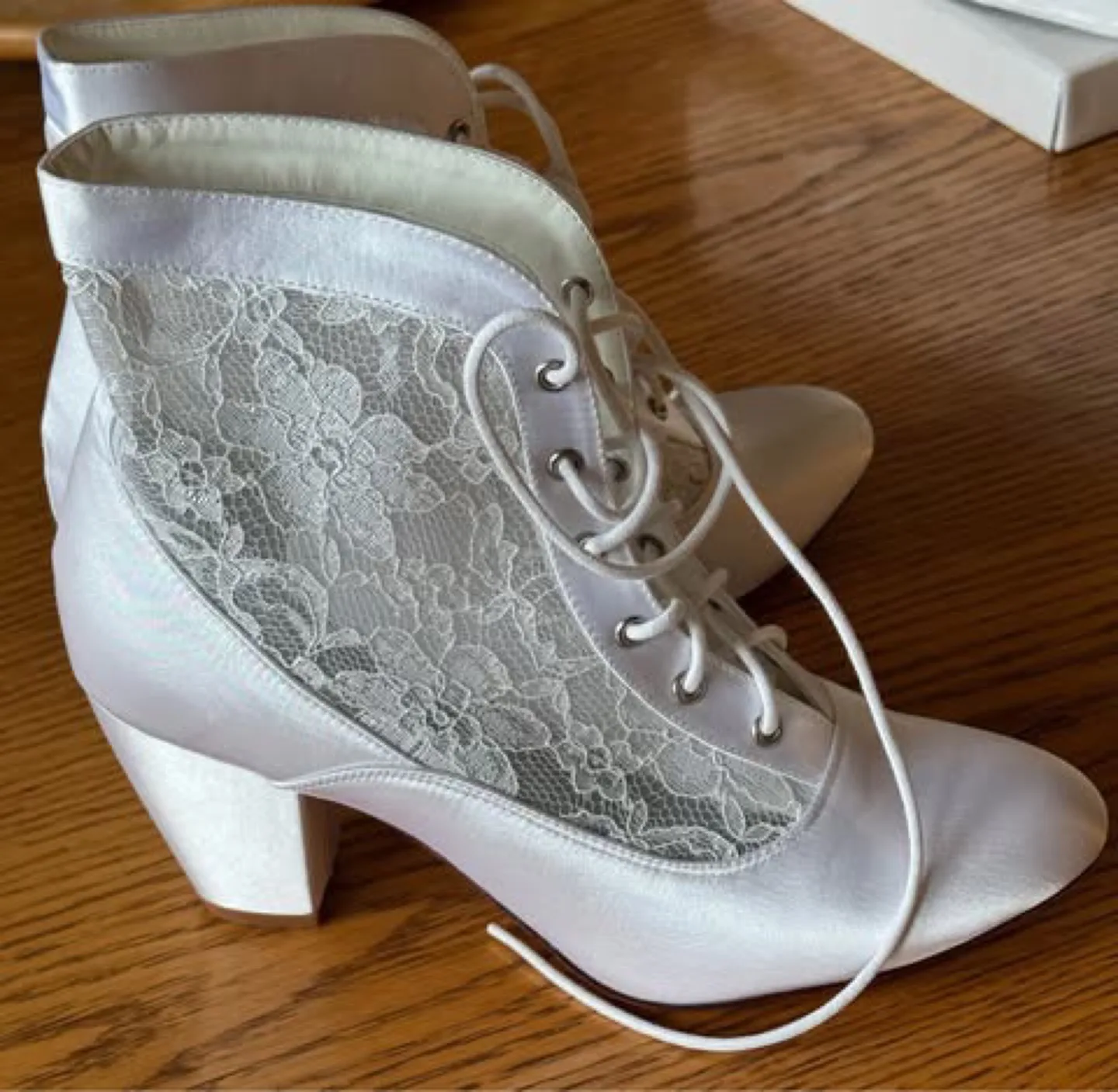 White Satin and Lace Up Heeled Booties thumbnail