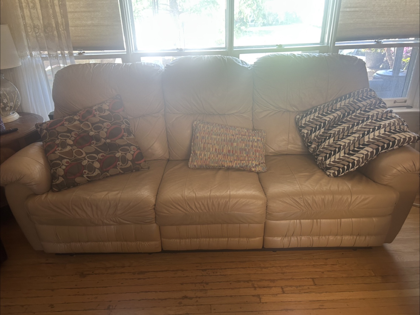 Beige Leather 3-Seat Recliner Sofa