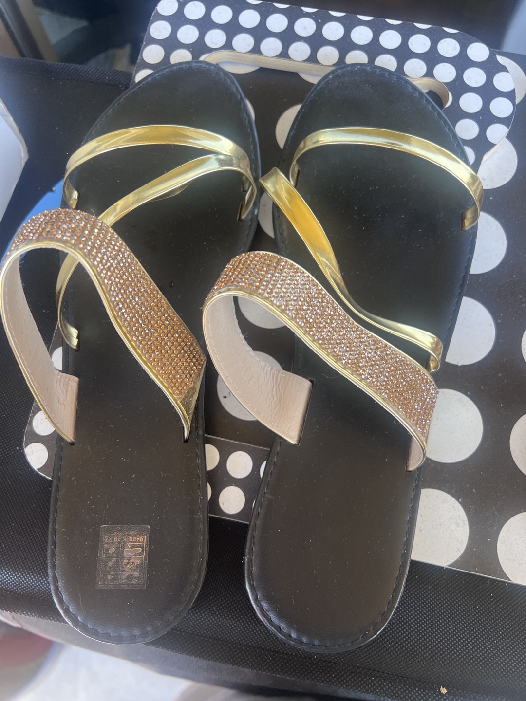 Black & Gold Sandals with Rhinestone Detail