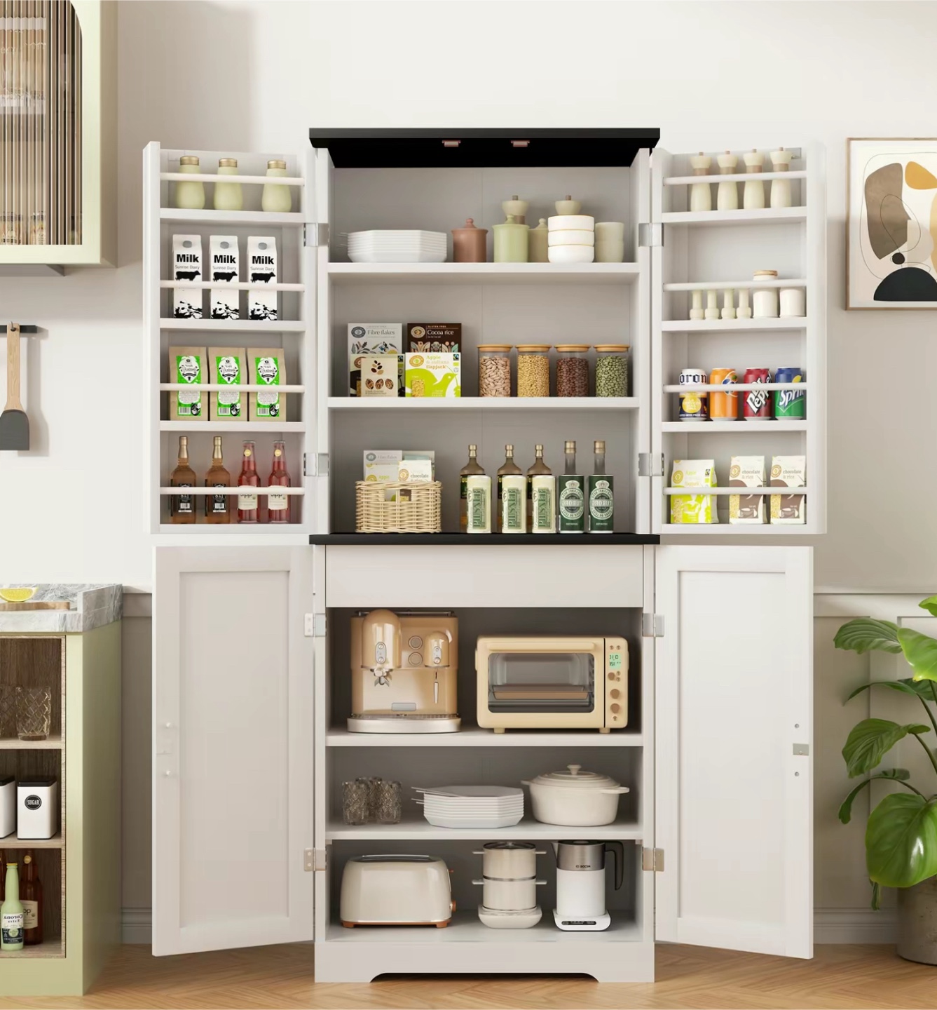 White Farmhouse Kitchen Pantry Storage Cabinet