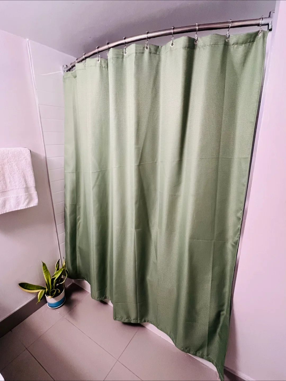 Green Shower Curtain - giving away the inner curtain and rings. thumbnail