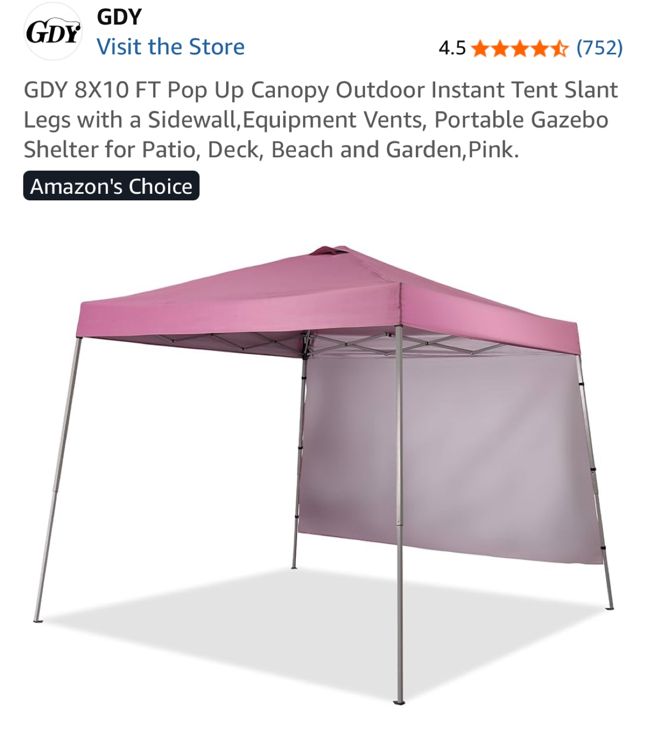 8x10 FT Pop Up Canopy -  Pink