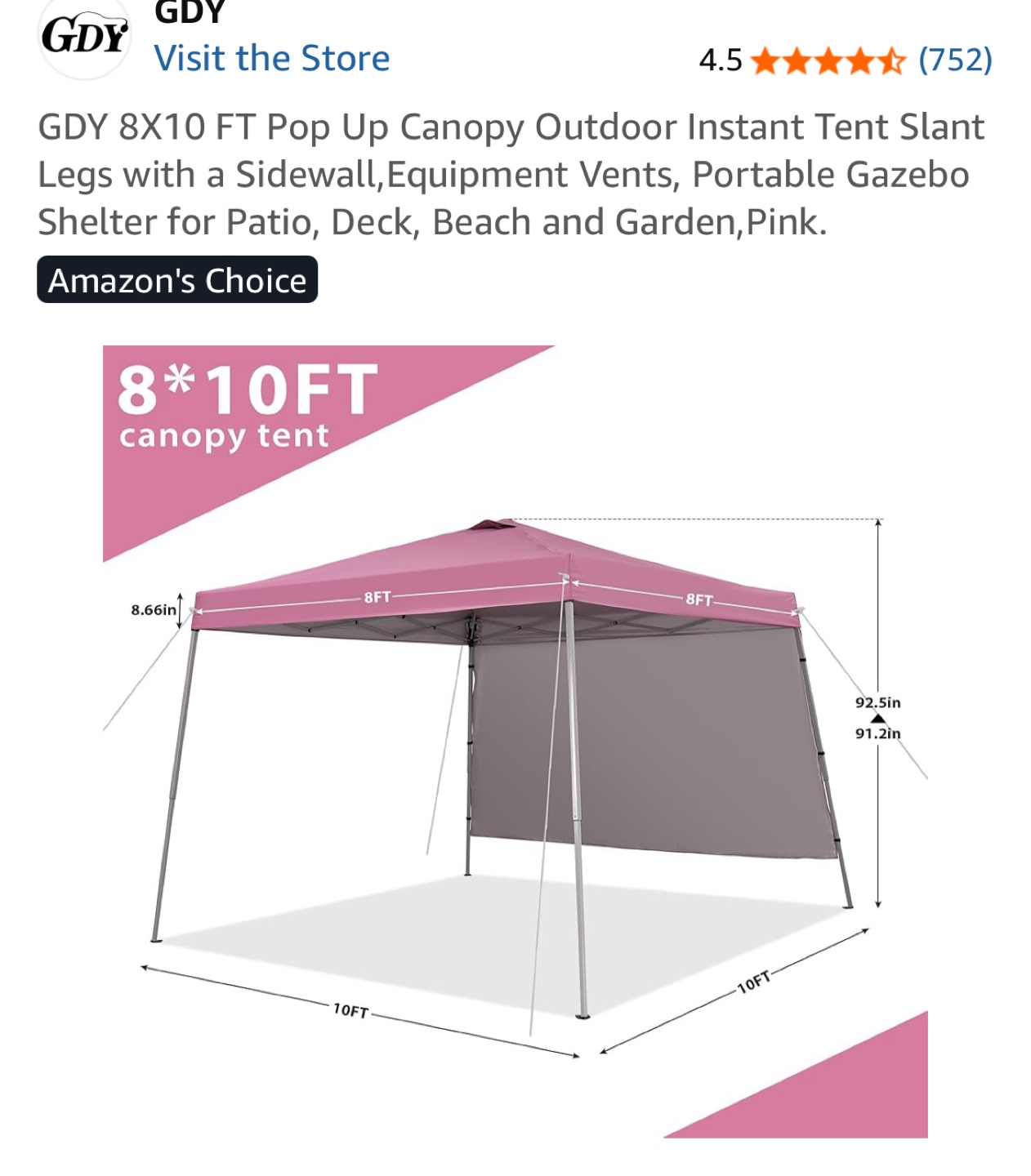 8x10 FT Pop Up Canopy -  Pink - photo 2