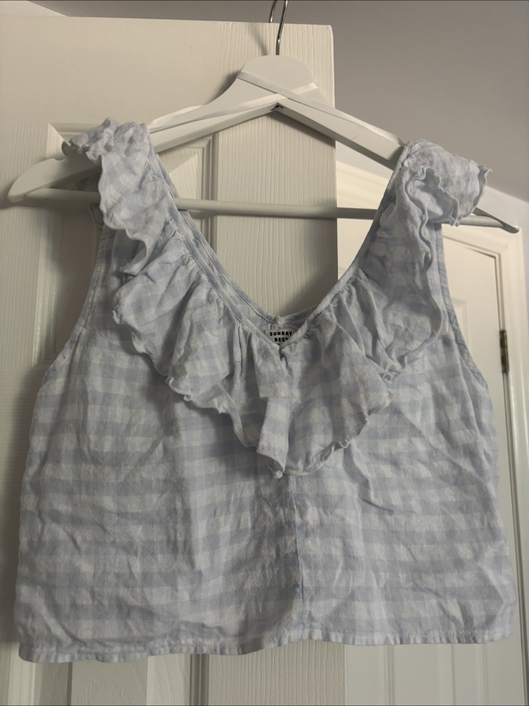 Sunday Best Blue Gingham Ruffle Tank - Size S