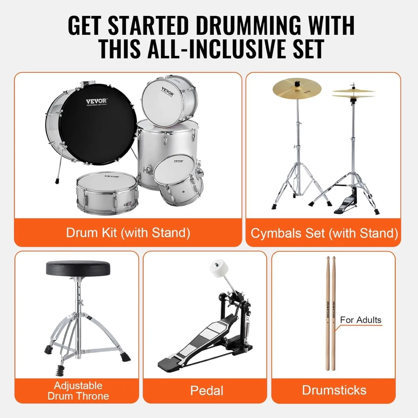 Vevor Adult 5PC Drum Set 22", Silver image indicator(3)