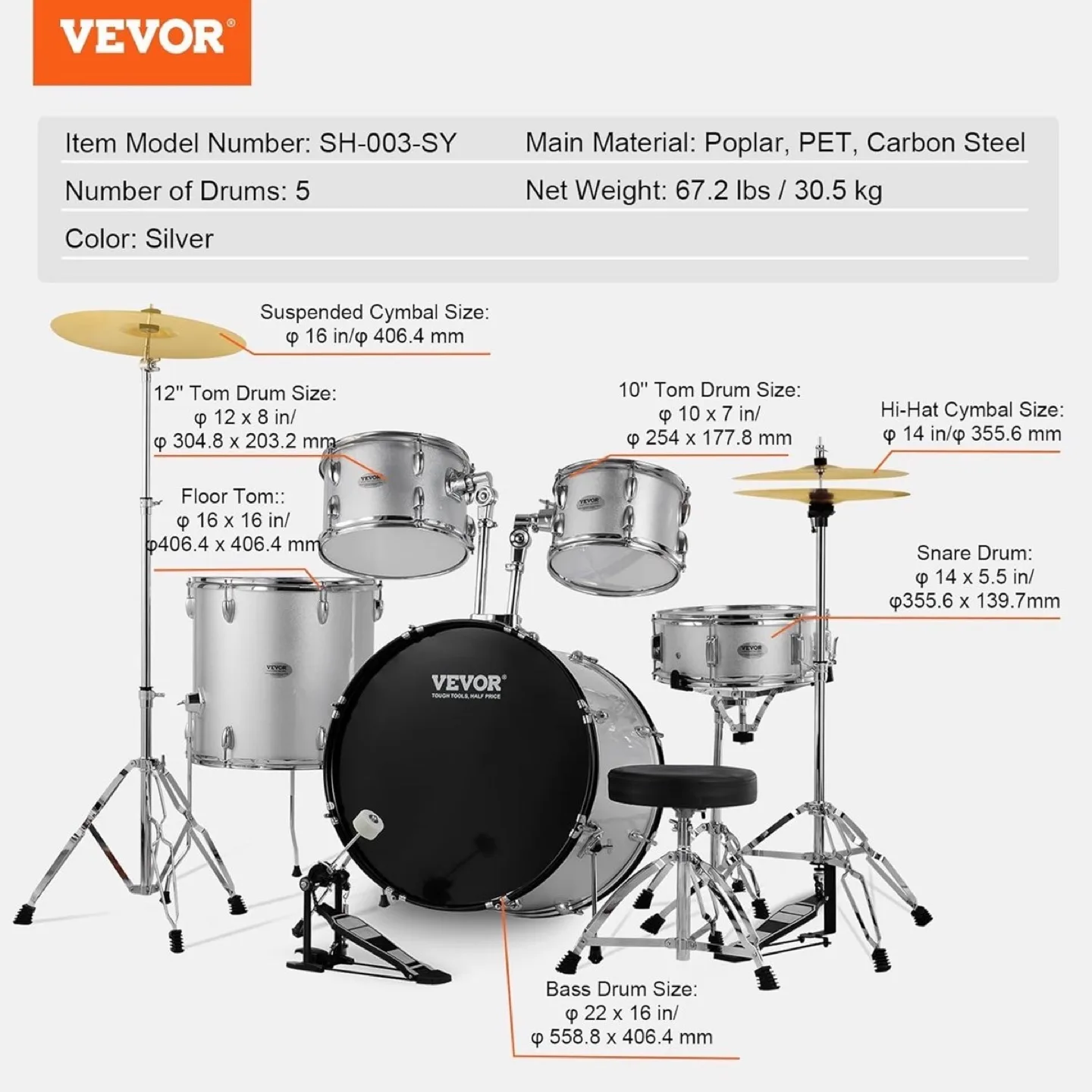 Vevor Adult 5PC Drum Set 22", Silver image indicator(8)