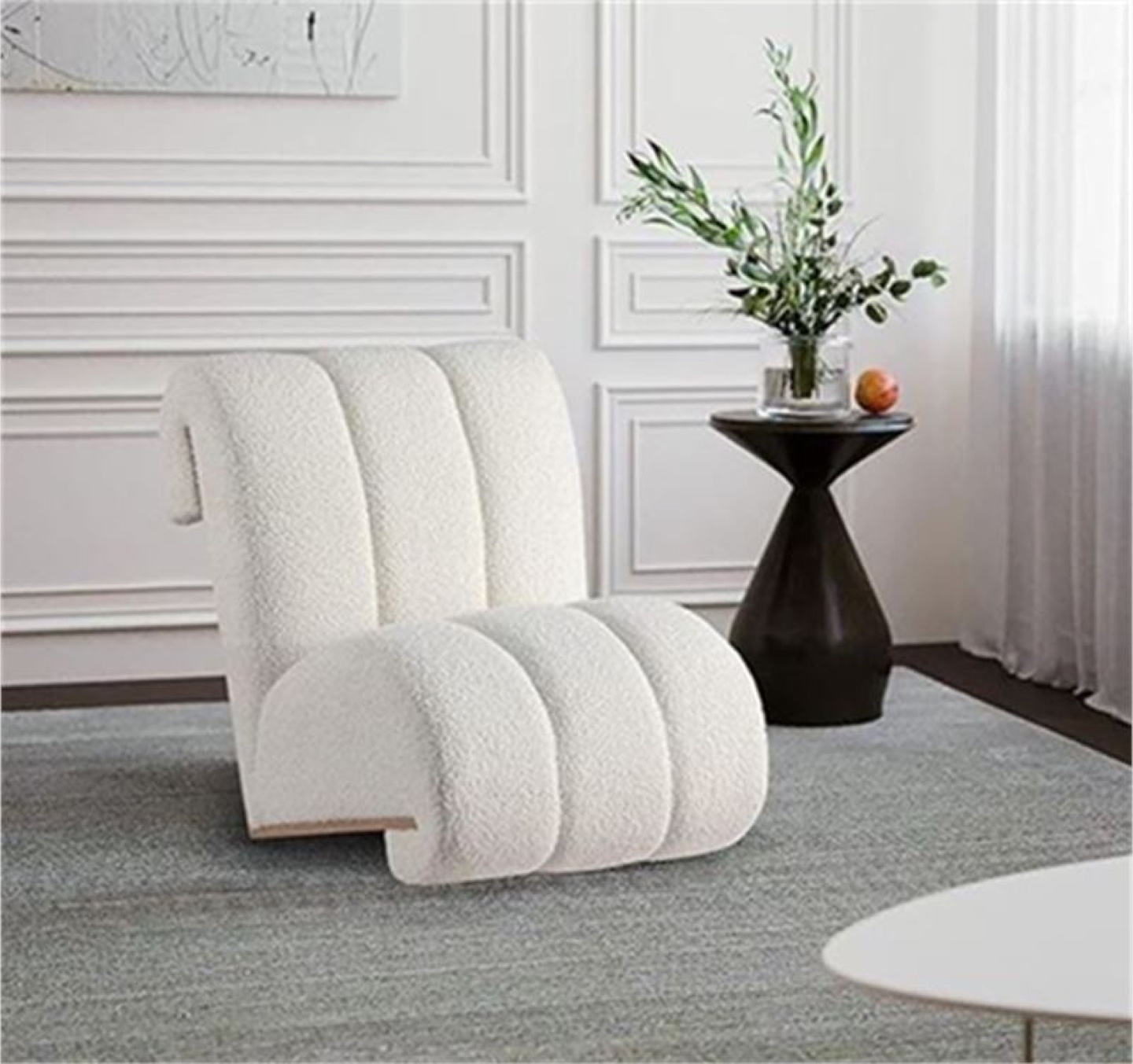 Meridian Abstract Swoon Accent Chair, White Shearling & Wood