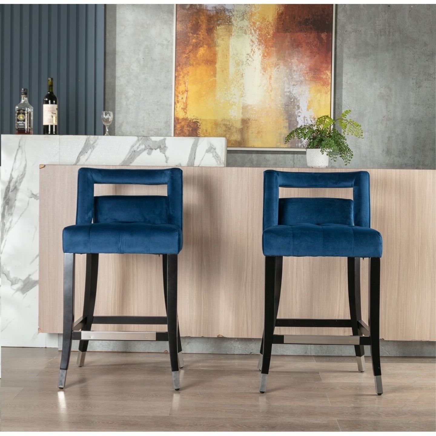 Navy Blue Suede Velvet Nailhead Trim Bar Stools H30", Set of 2 - photo 2