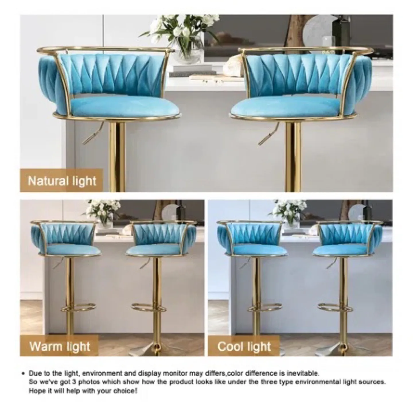 Misty Blue Velvet Swivel & Adjustable Height Stools, Set of 2 image indicator(3)