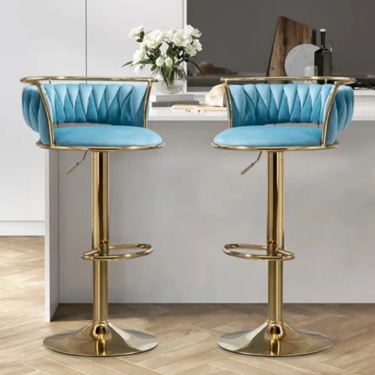 Misty Blue Velvet Swivel & Adjustable Height Stools, Set of 2 image indicator(10)