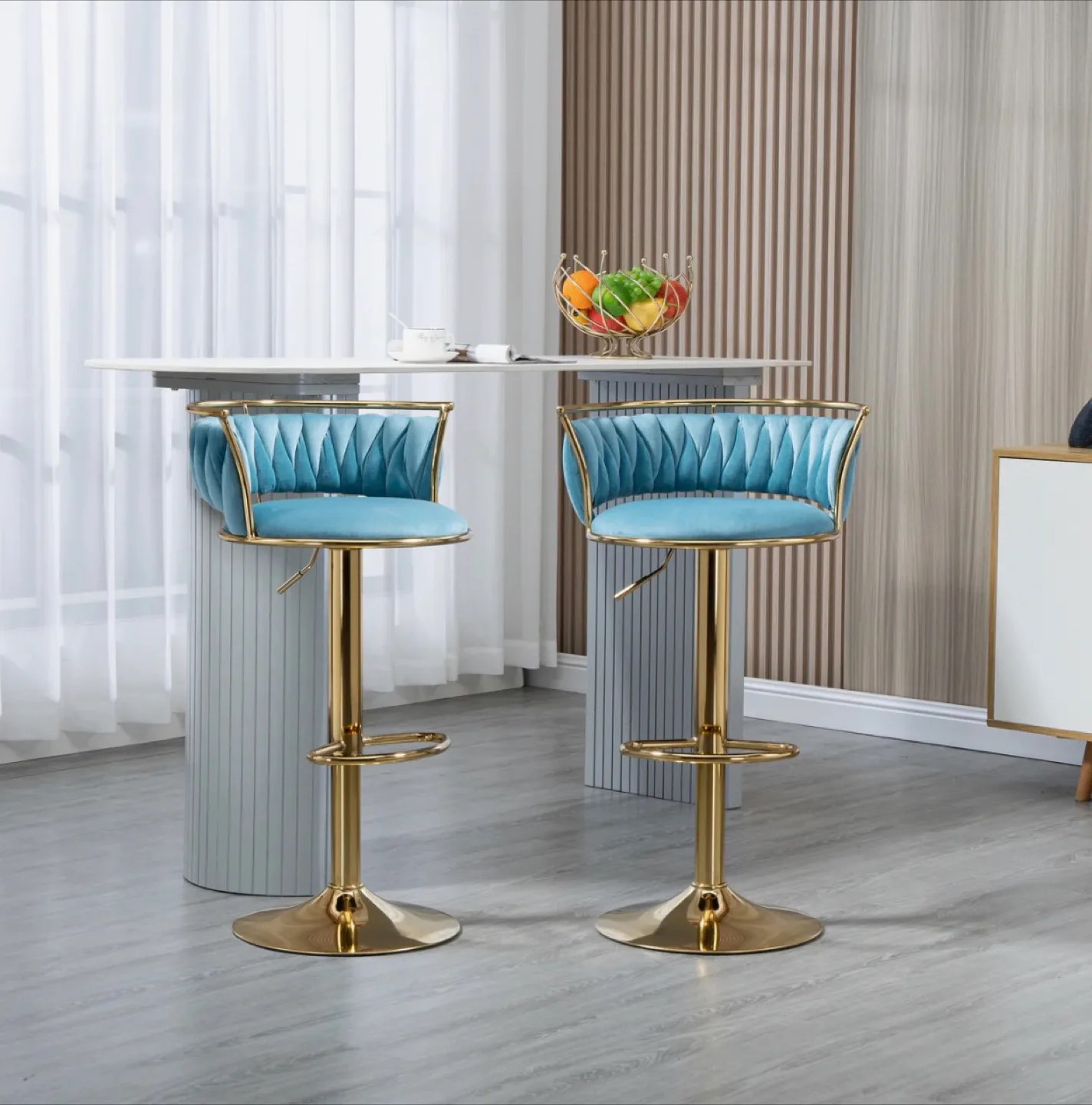 Misty Blue Velvet Swivel & Adjustable Height Stools, Set of 2 image indicator(2)