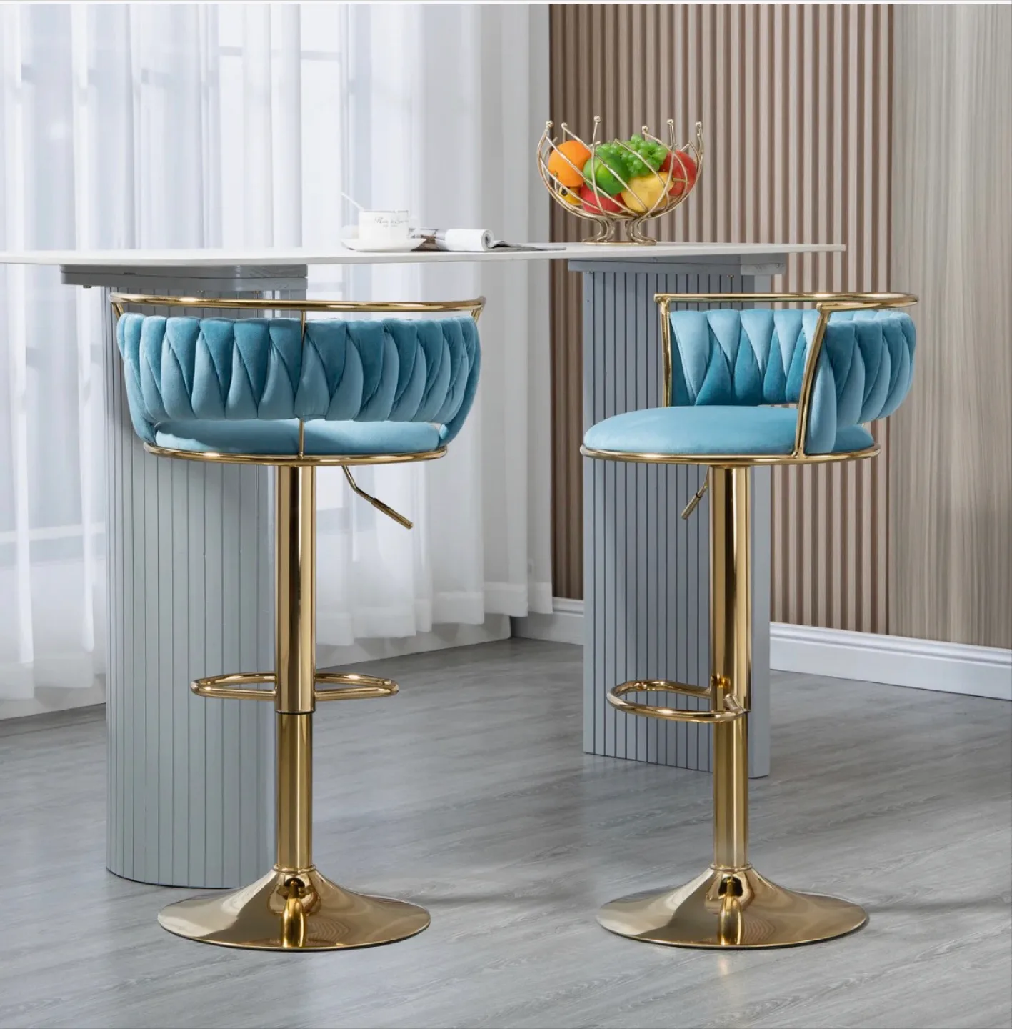 Misty Blue Velvet Swivel & Adjustable Height Stools, Set of 2 thumbnail