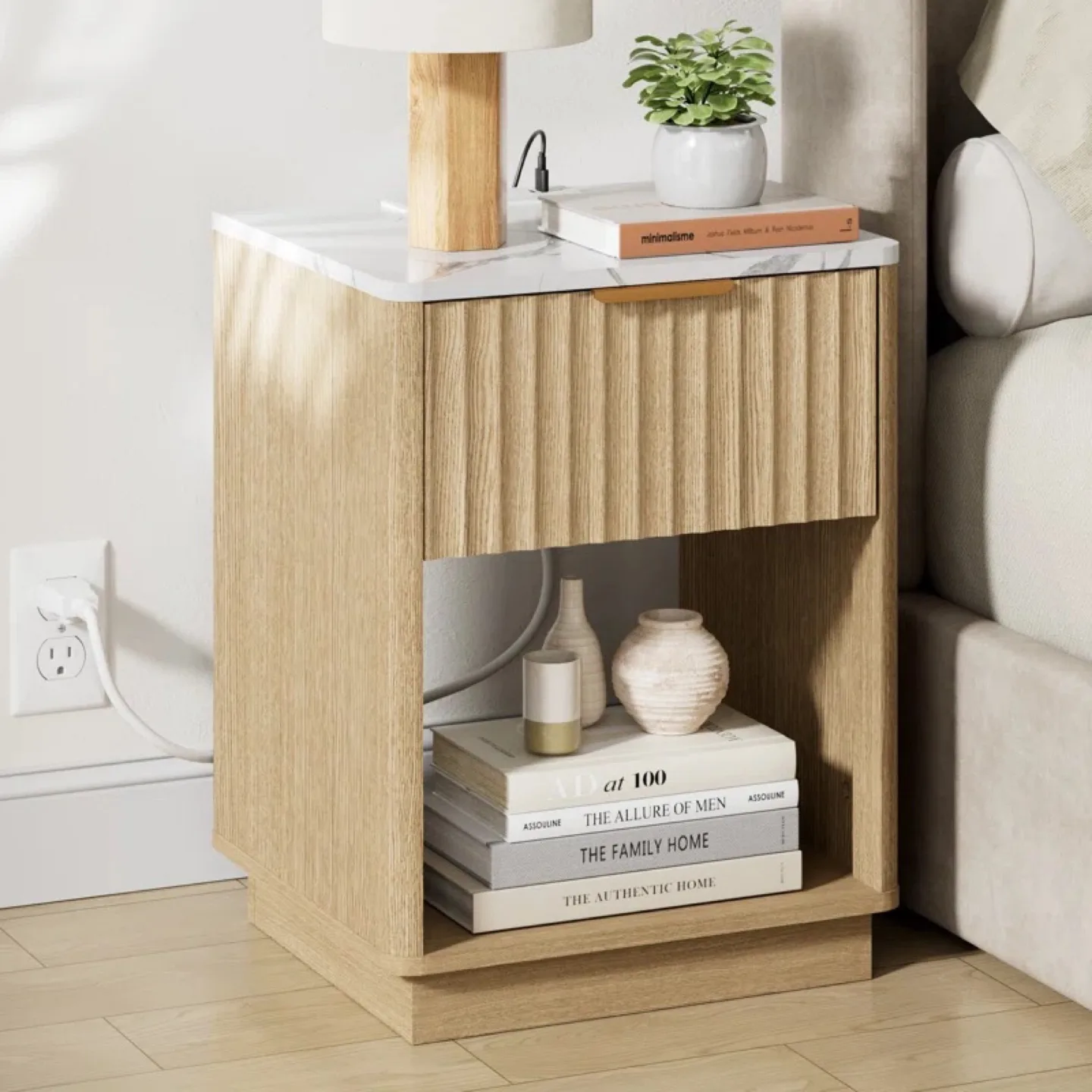 Favour Living W18'' Nightstand, Built-In Outlets - Oak & Marble thumbnail