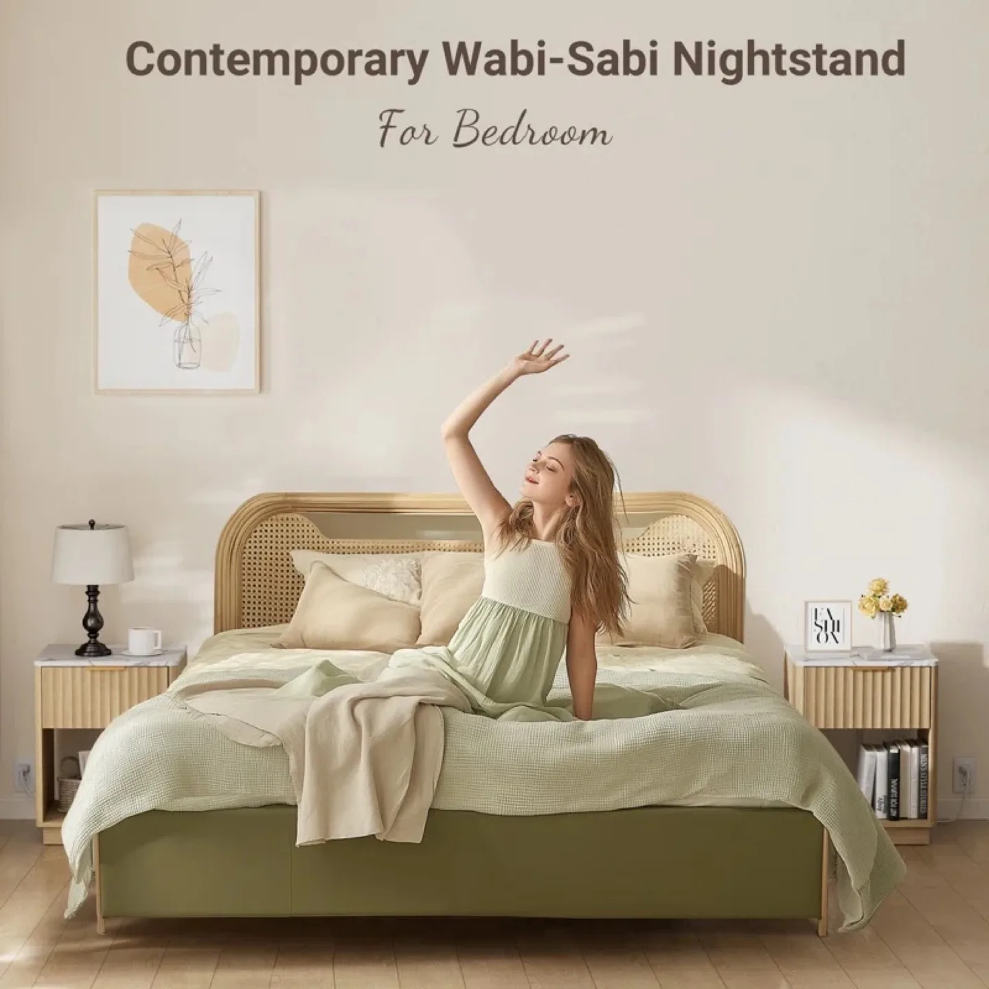 Favour Living W18'' Nightstand, Built-In Outlets - Oak & Marble image indicator(3)