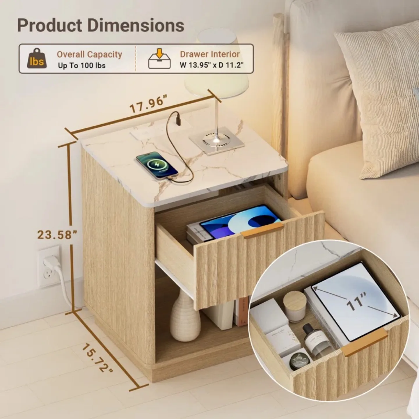 Favour Living W18'' Nightstand, Built-In Outlets - Oak & Marble image indicator(5)