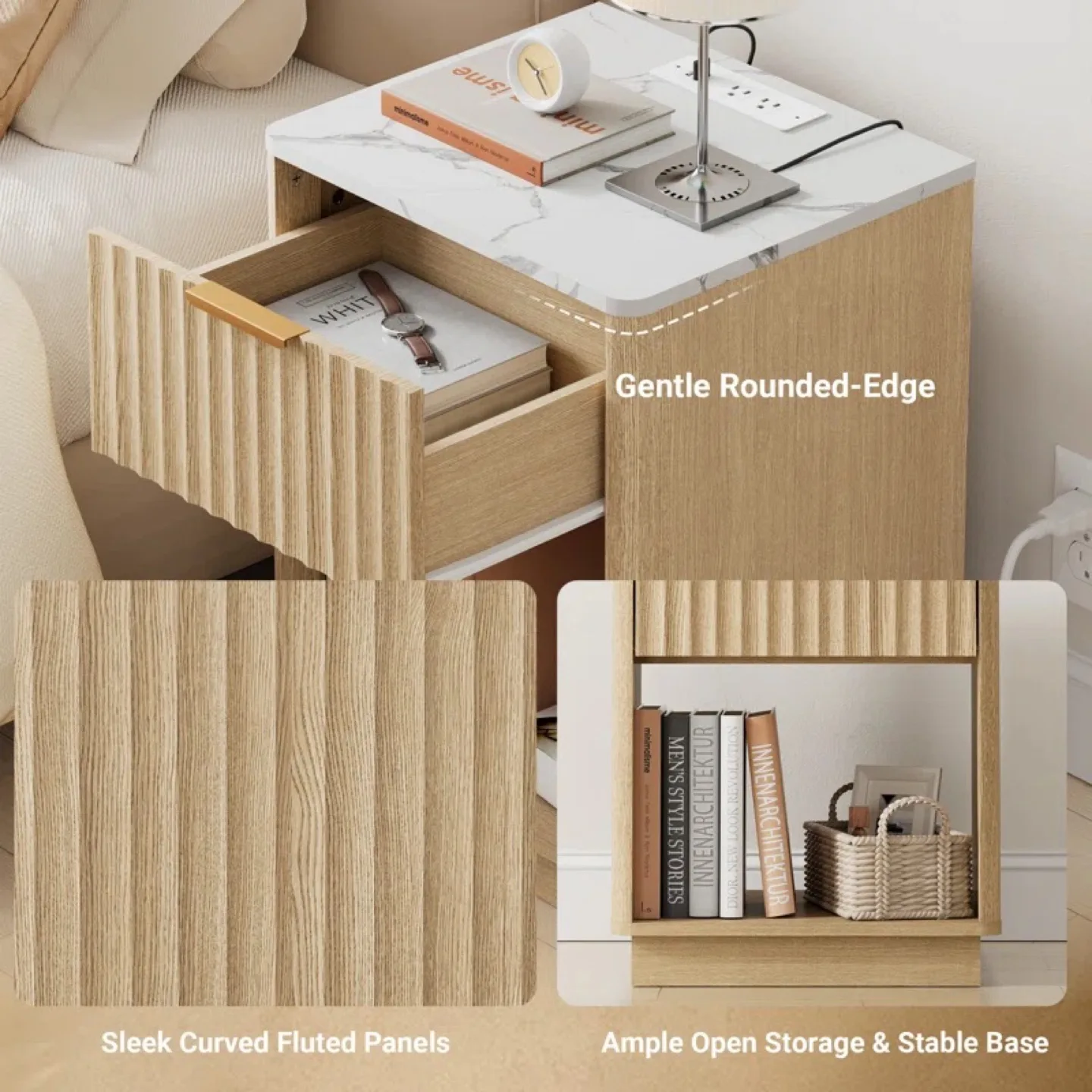 Favour Living W18'' Nightstand, Built-In Outlets - Oak & Marble image indicator(4)