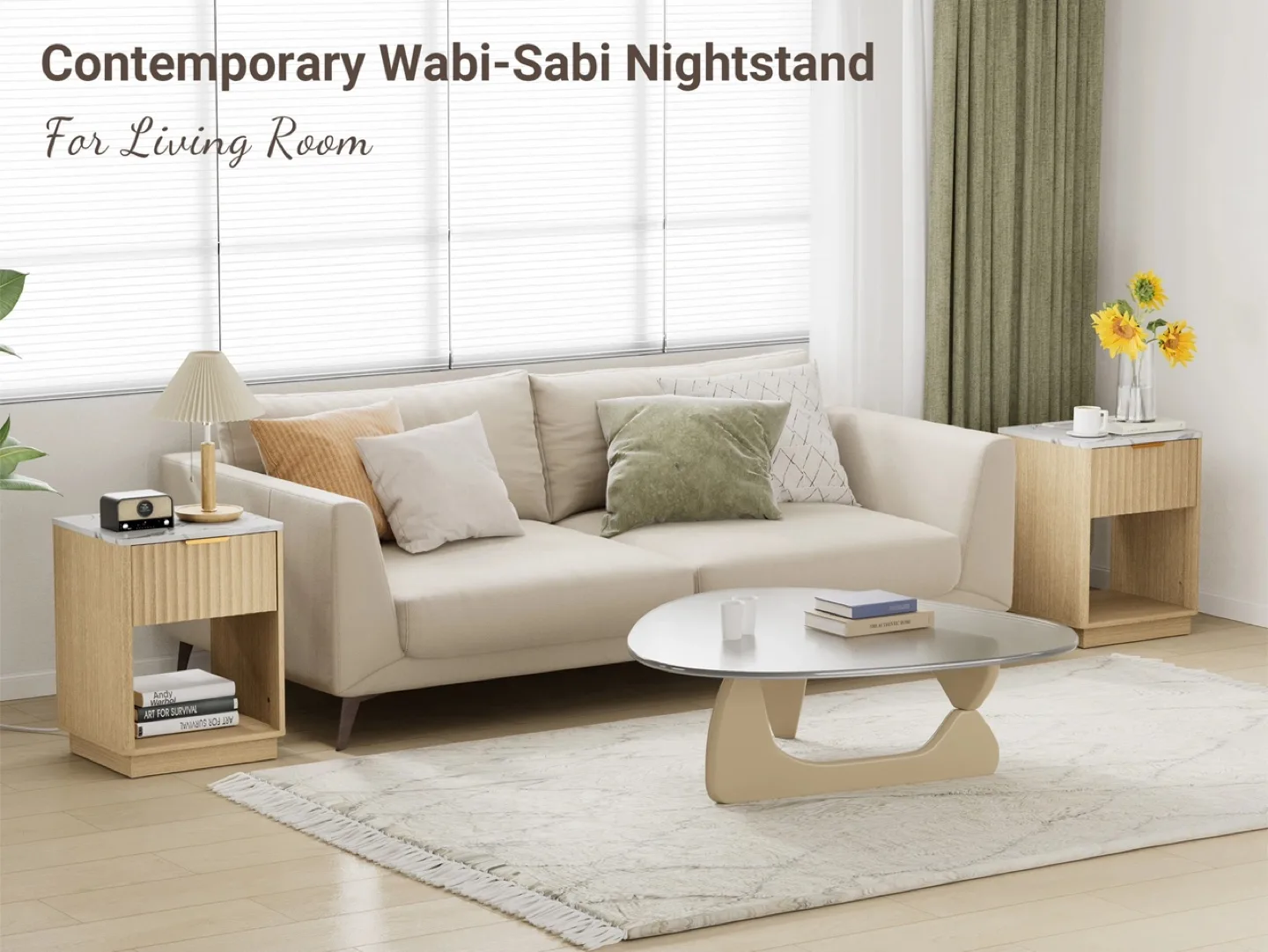 Favour Living W18'' Nightstand, Built-In Outlets - Oak & Marble image indicator(2)