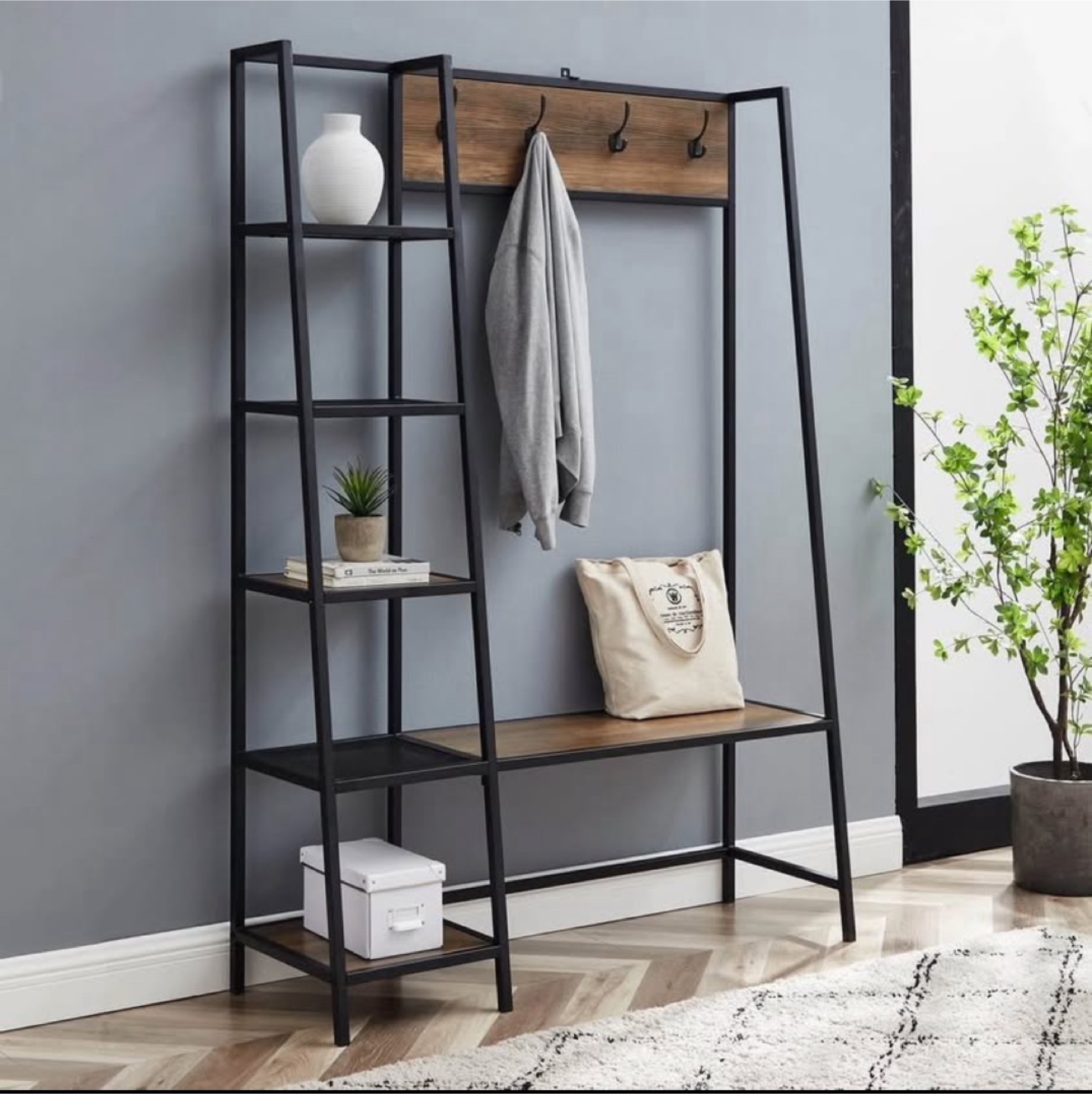Hall Tree with Storage Bench and Ladder Shelf