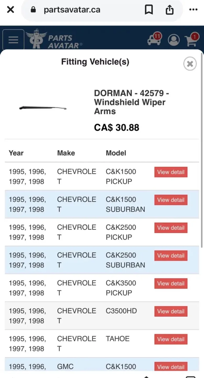 1995-1998 Chevy/GMC Wiper Arm image indicator(7)