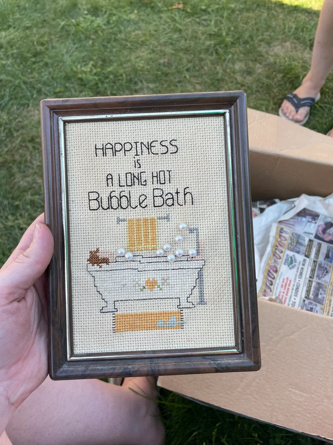 Framed 'Happiness is a Long Hot Bubble Bath' Cross Stitch thumbnail