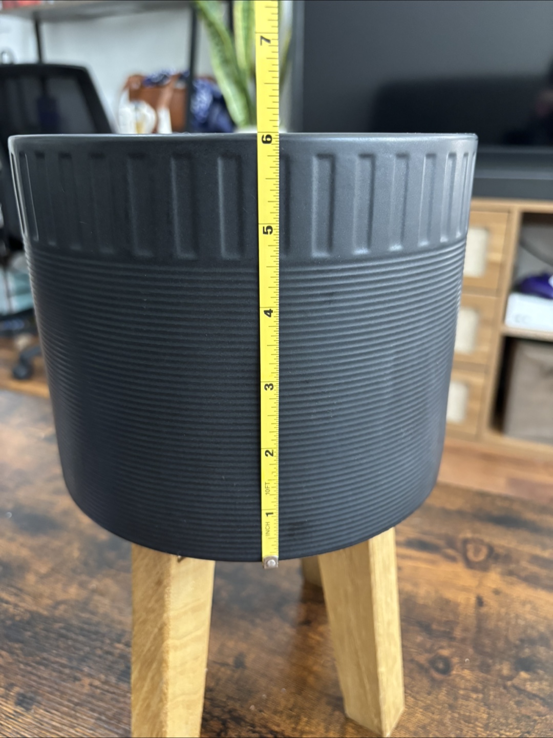 Black Ceramic Plant Pot with Wood Stand - photo 5
