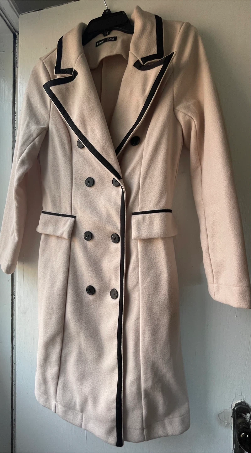 SHEIN Beige & Black Trim Double Breasted Coat - Size S