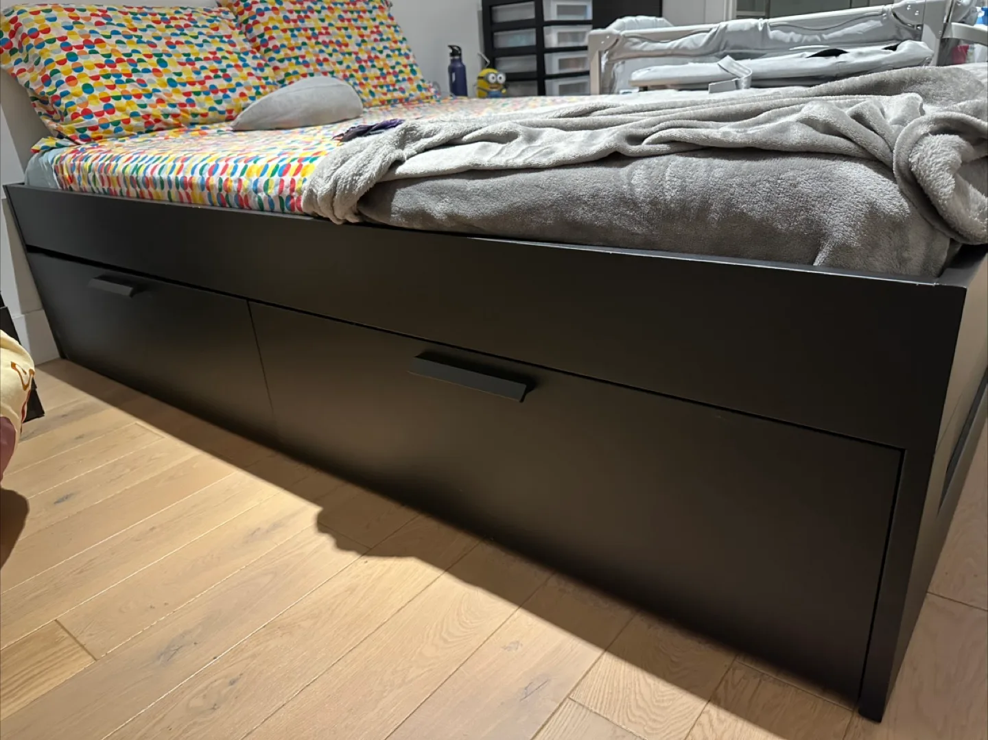 🛏️ IKEA BRIMNES Bed Frame – Black, Queen (Luröy Slats) thumbnail
