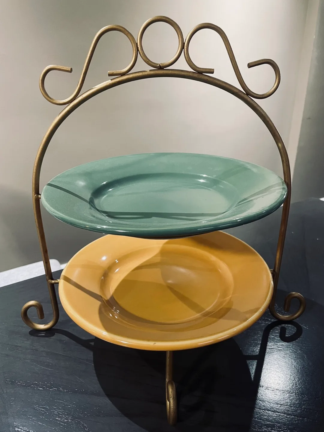 Two-Tier Serving Stand - Gold & Coloured Plates thumbnail