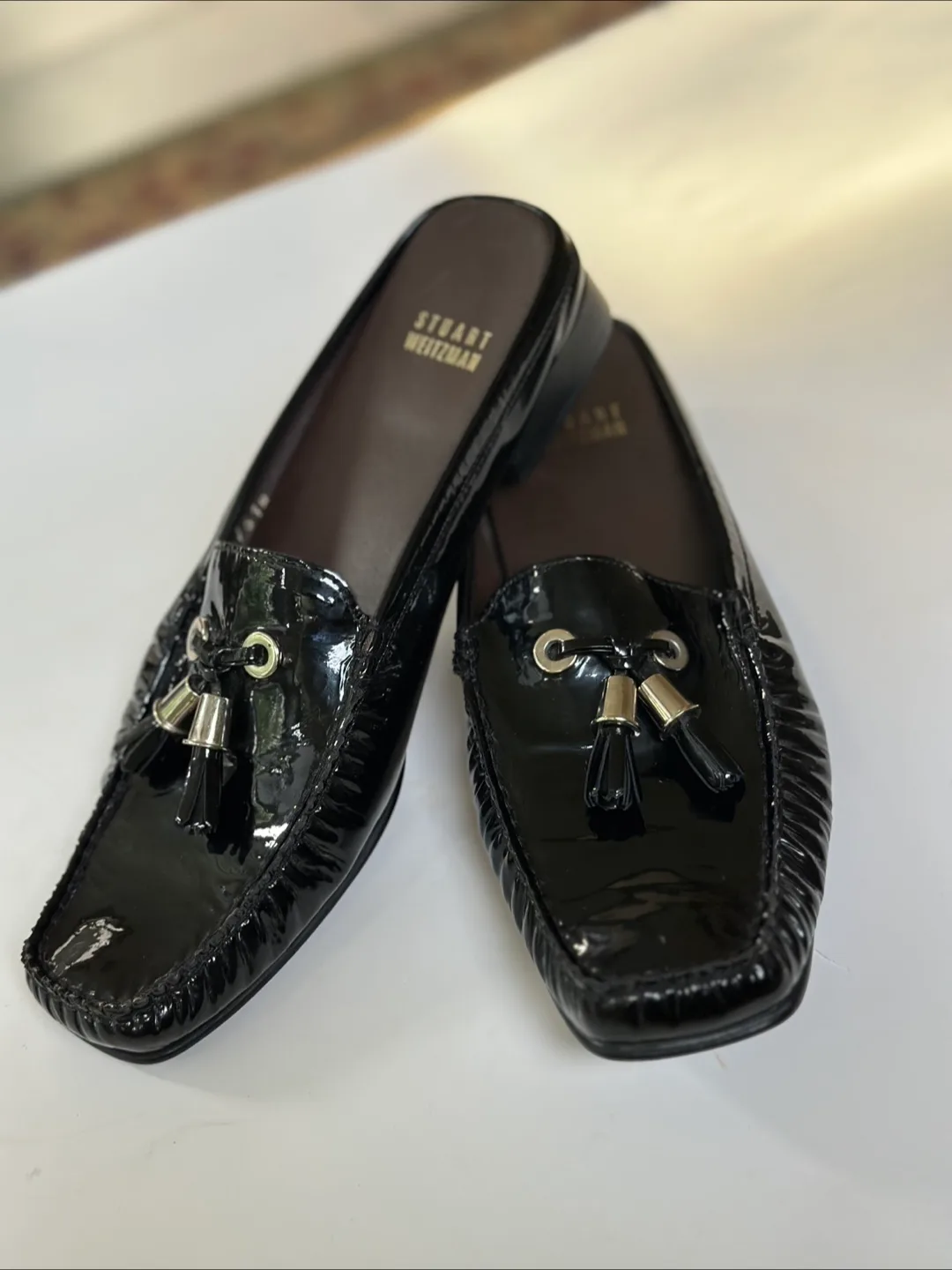 Stuart Weitzman Black Patent leather Open-Back Mules size 8 image indicator(2)