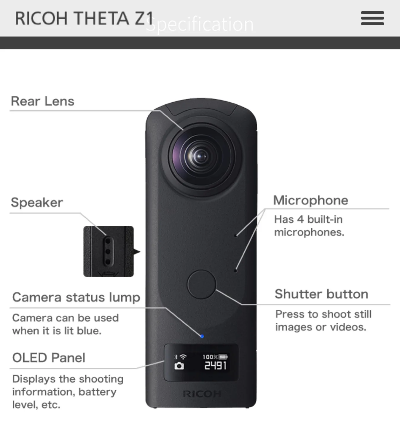 Ricoh Theta Z1 51GB Black 360° Camera image indicator(2)