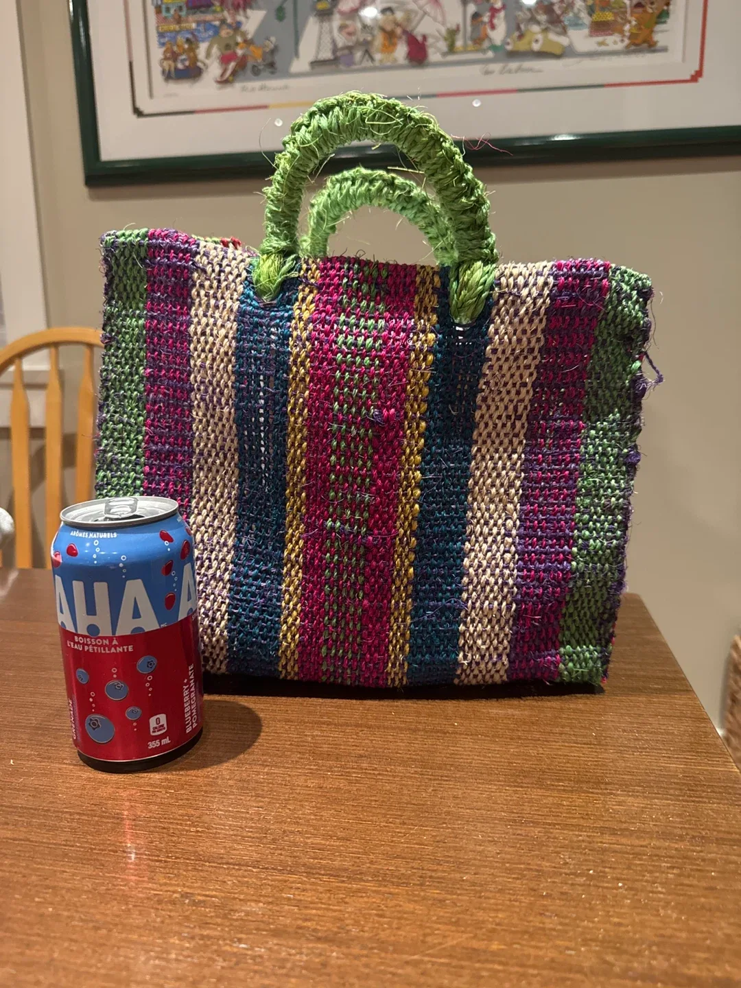 Mexican Striped Woven Tote Bag with Green Handles image indicator(4)