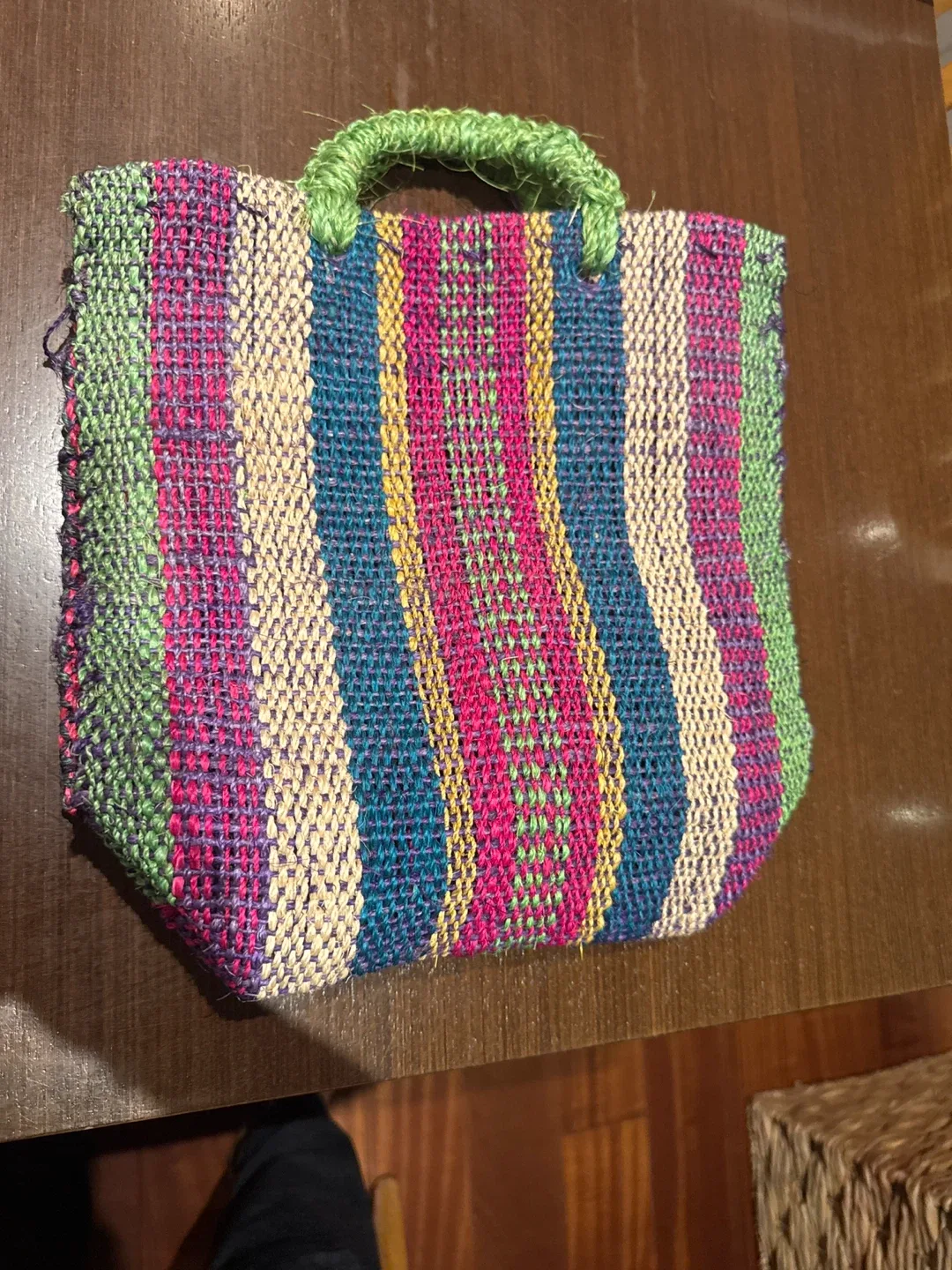 Mexican Striped Woven Tote Bag with Green Handles thumbnail