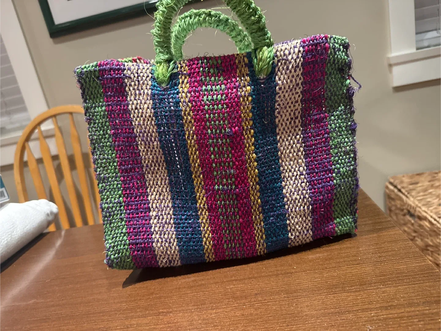 Mexican Striped Woven Tote Bag with Green Handles image indicator(3)