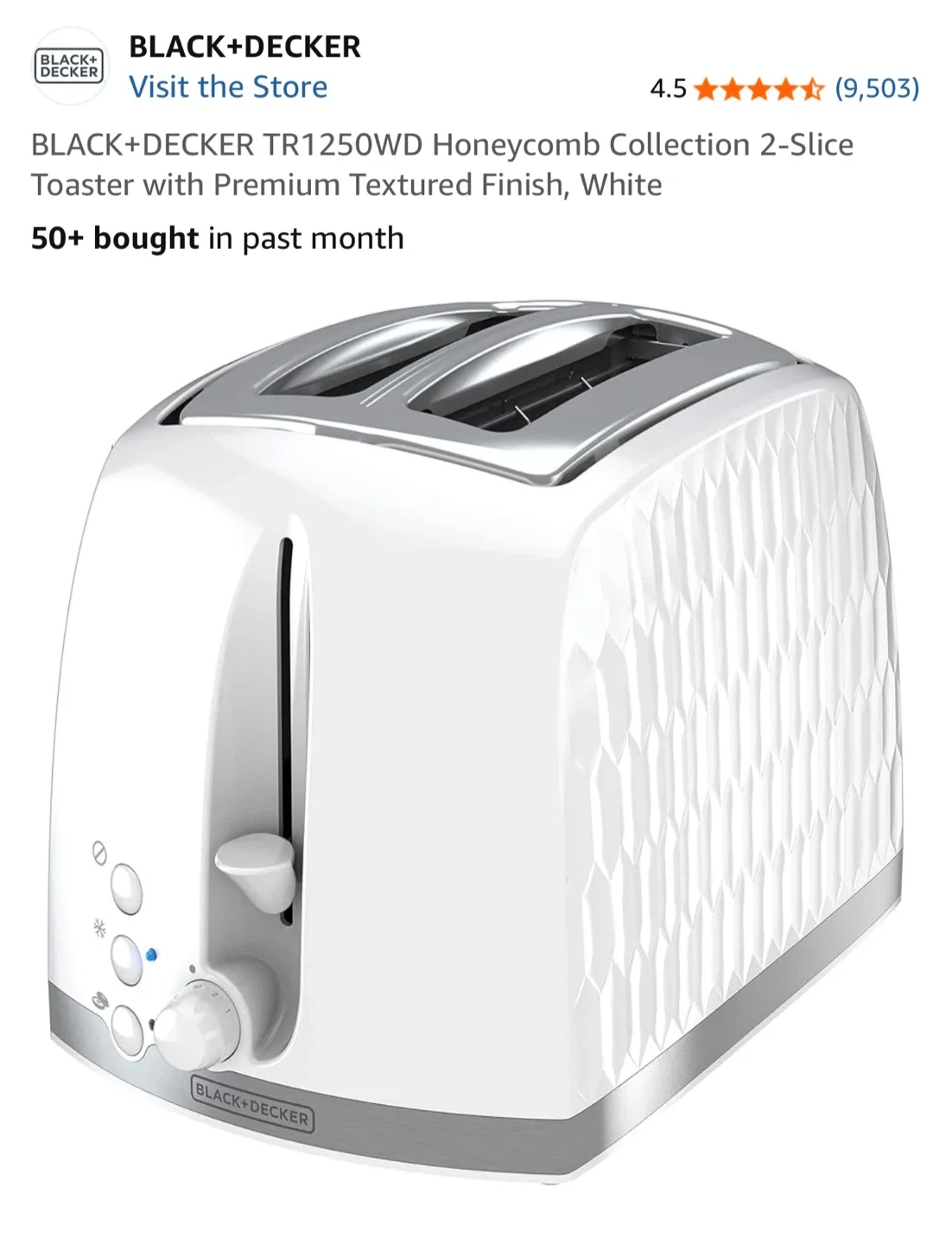 BLACK+DECKER TR1250WD Honeycomb 2-Slice Toaster thumbnail