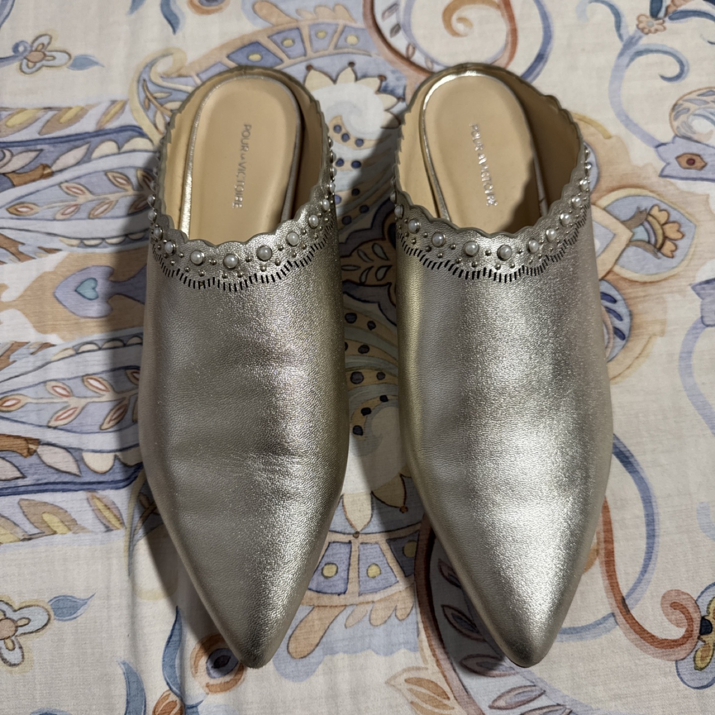 Pour La Victoire Metallic Gold slip on Mules - Size 10
