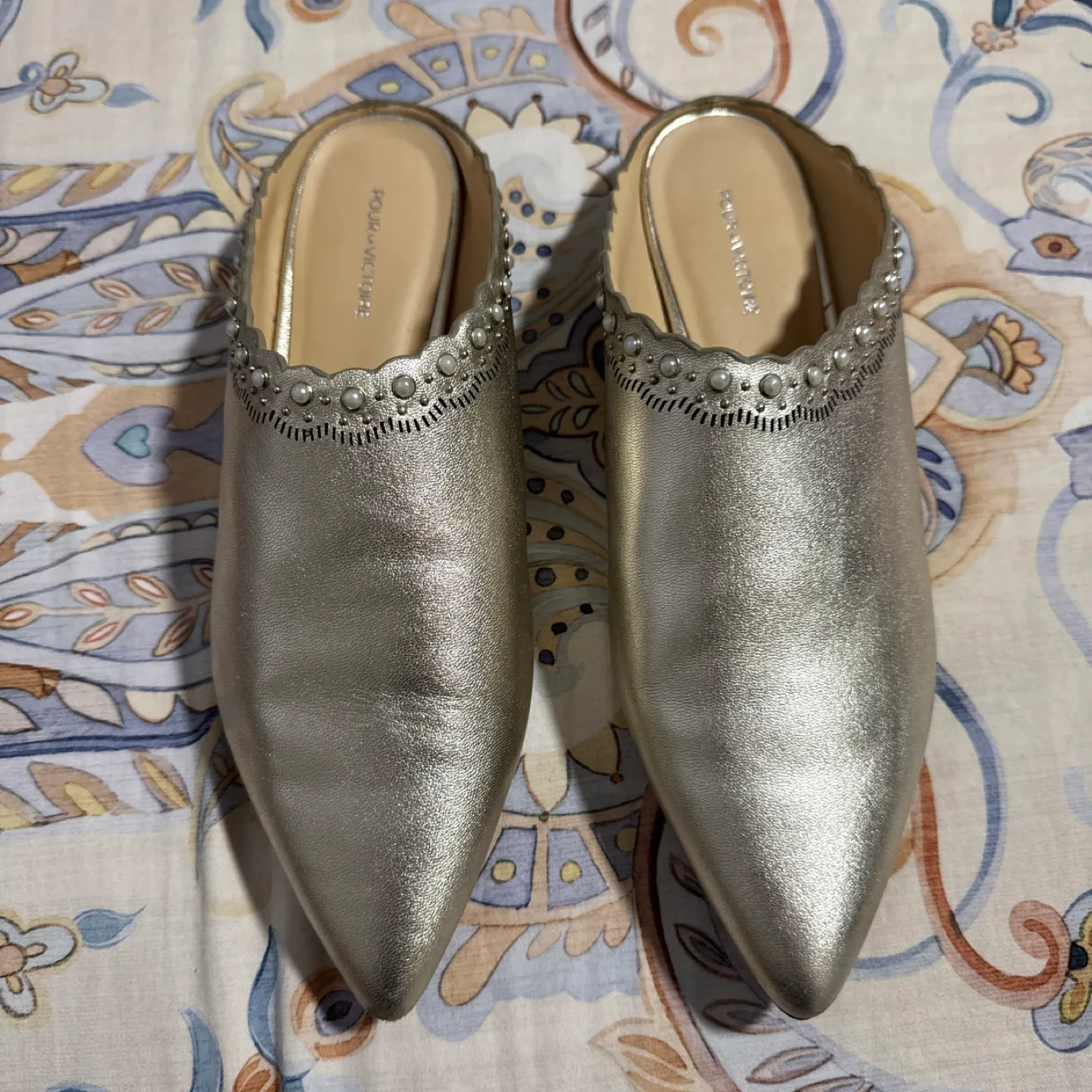 Pour La Victoire Metallic Gold slip on Mules - Size 10 thumbnail