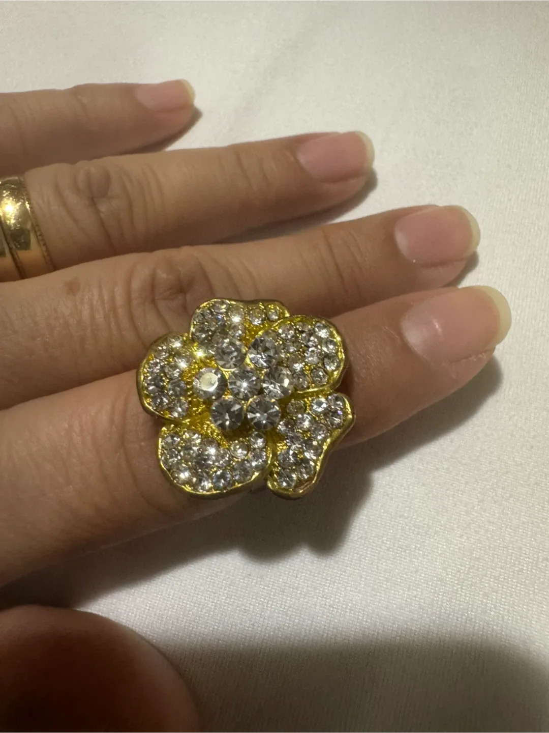 Flower Ring - Gold Tone with Rhinestones thumbnail