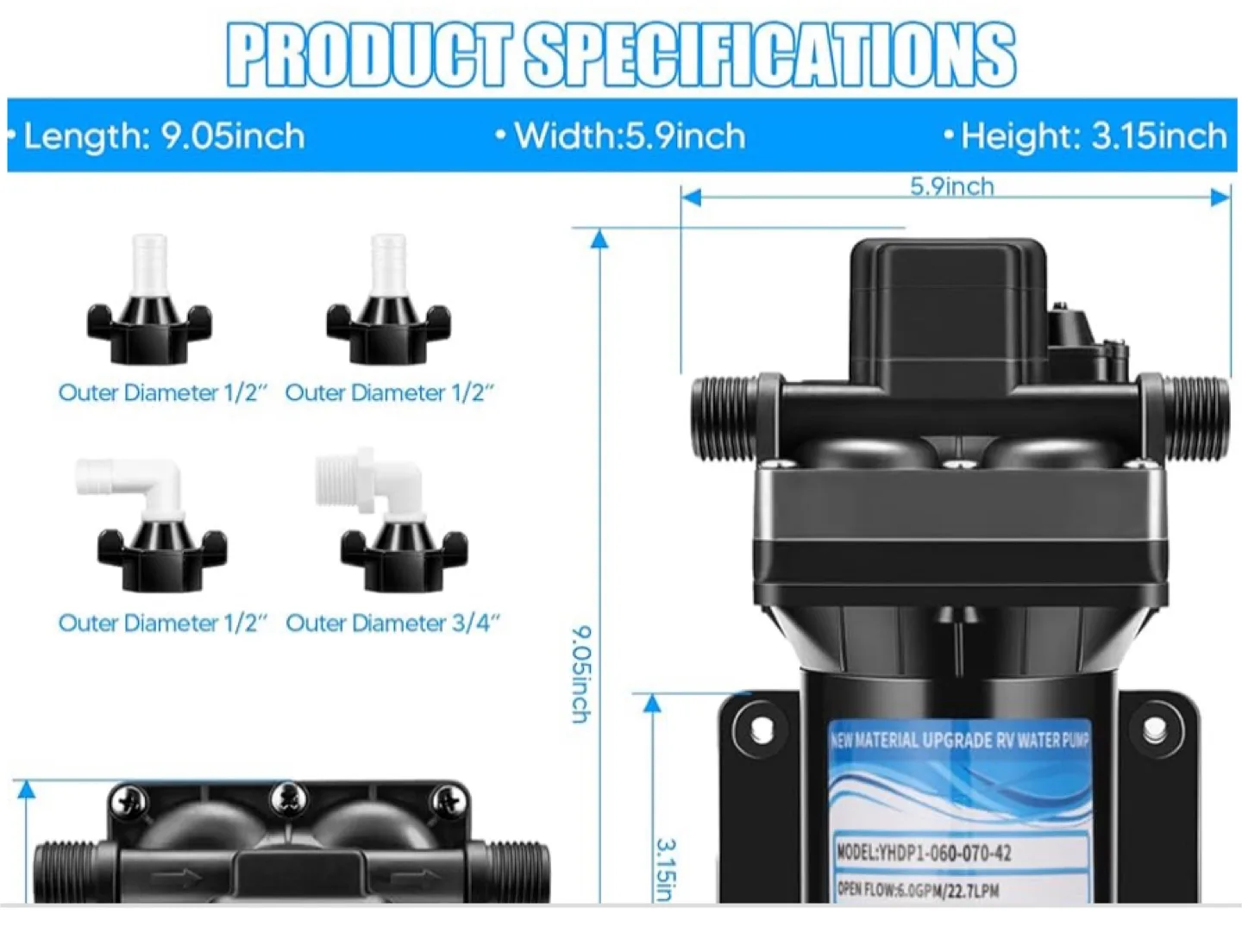 New RV Water Pump 12V DC, 6.0GPM 70PSI image indicator(2)