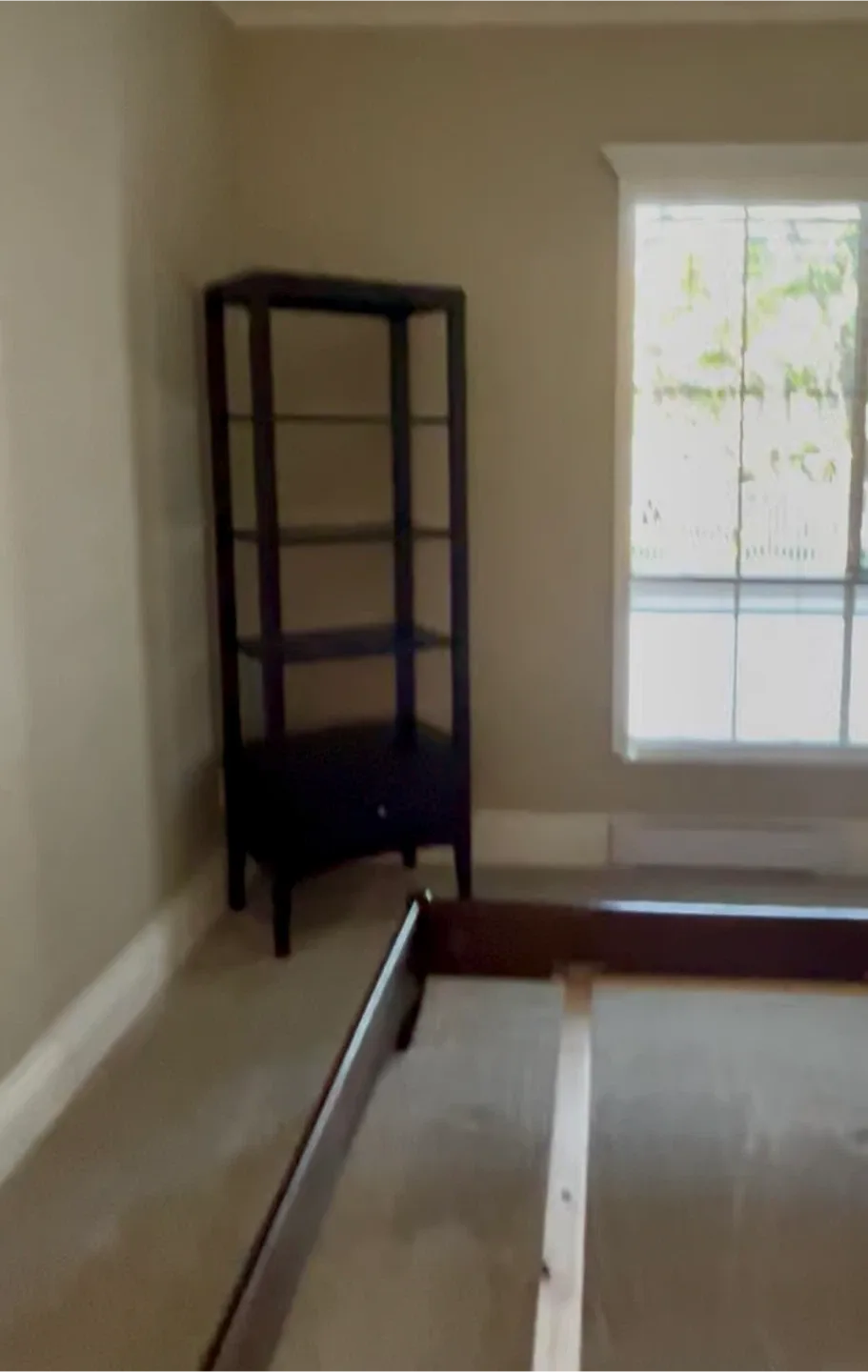 Dark wood storage shelf with drawer image indicator(3)