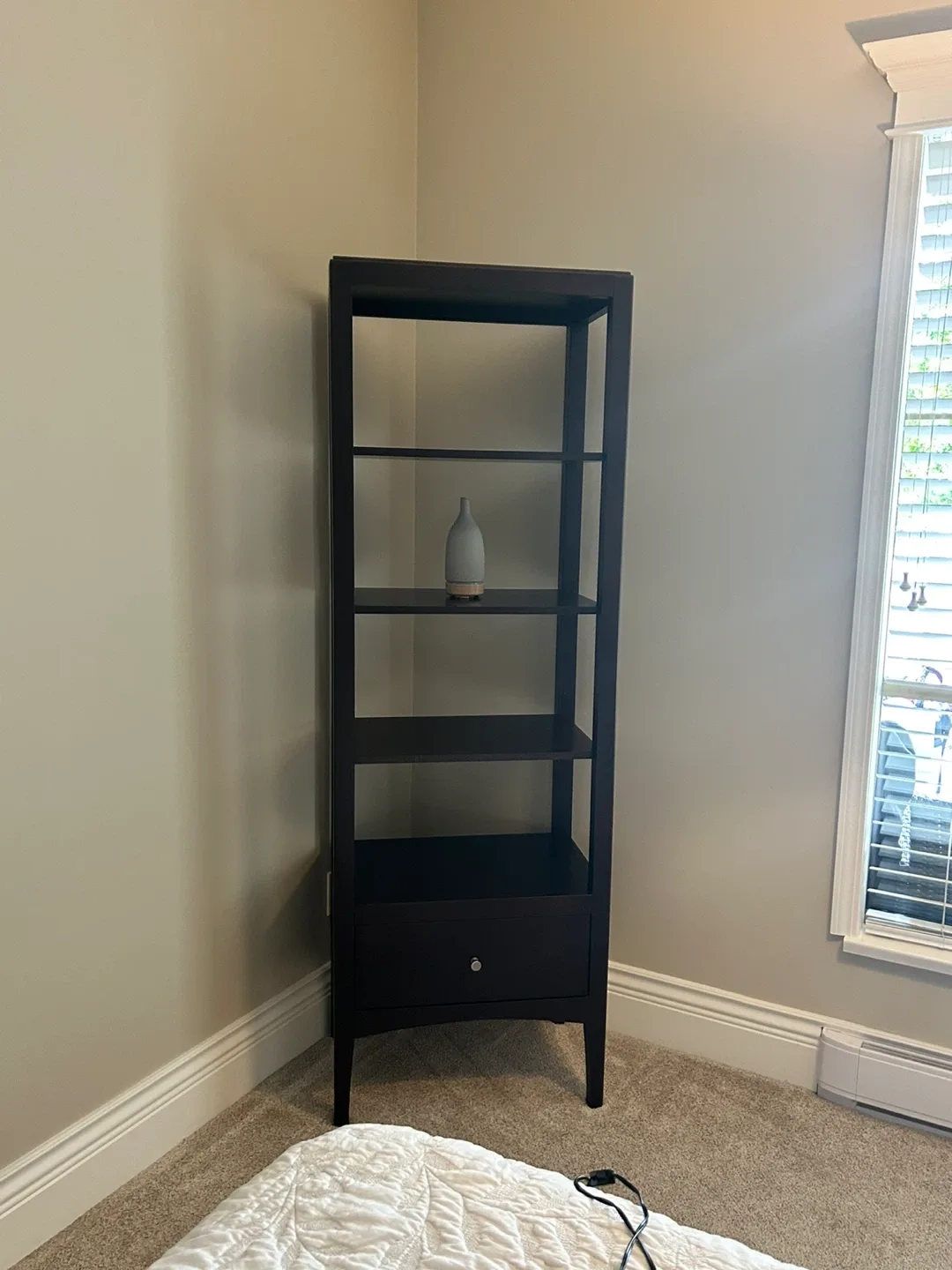 Dark wood storage shelf with drawer image indicator(2)