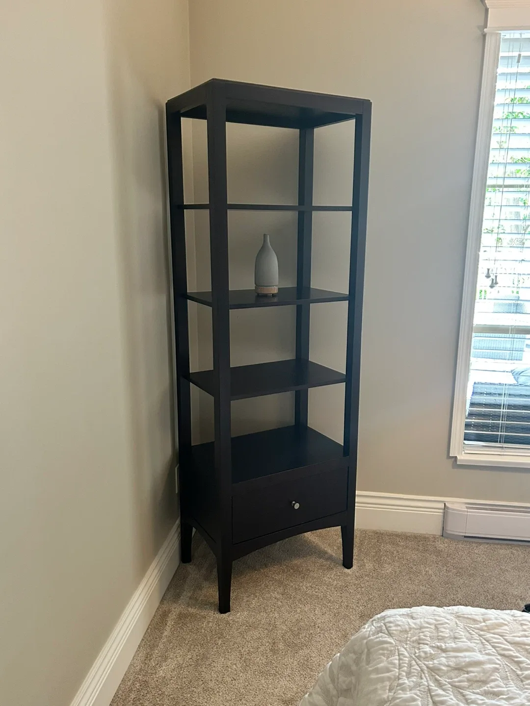 Dark wood storage shelf with drawer image indicator(4)