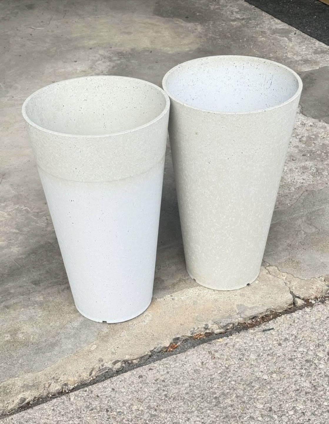 Two White Concrete-Look Tall Planters