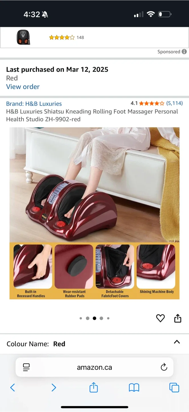 H&B Luxuries Shiatsu Rolling Foot Massager - Red thumbnail