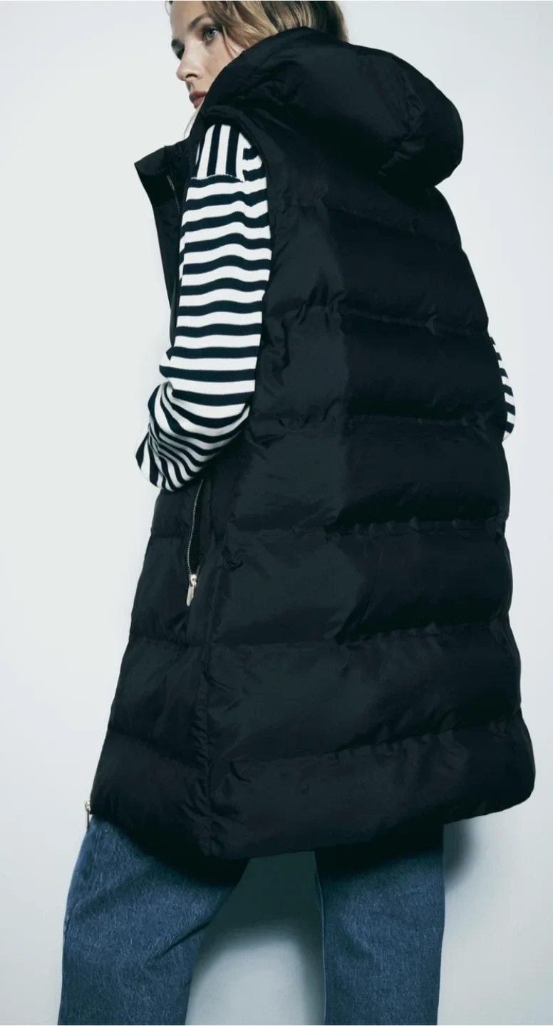 Zara Black Padded Long Vest with Hood ( new with tag ) thumbnail