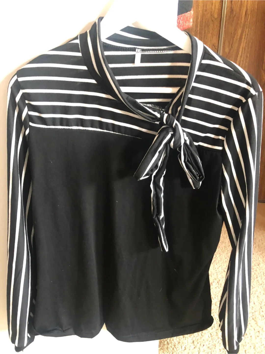 Striped Tie Neck Blouse - Black & White thumbnail