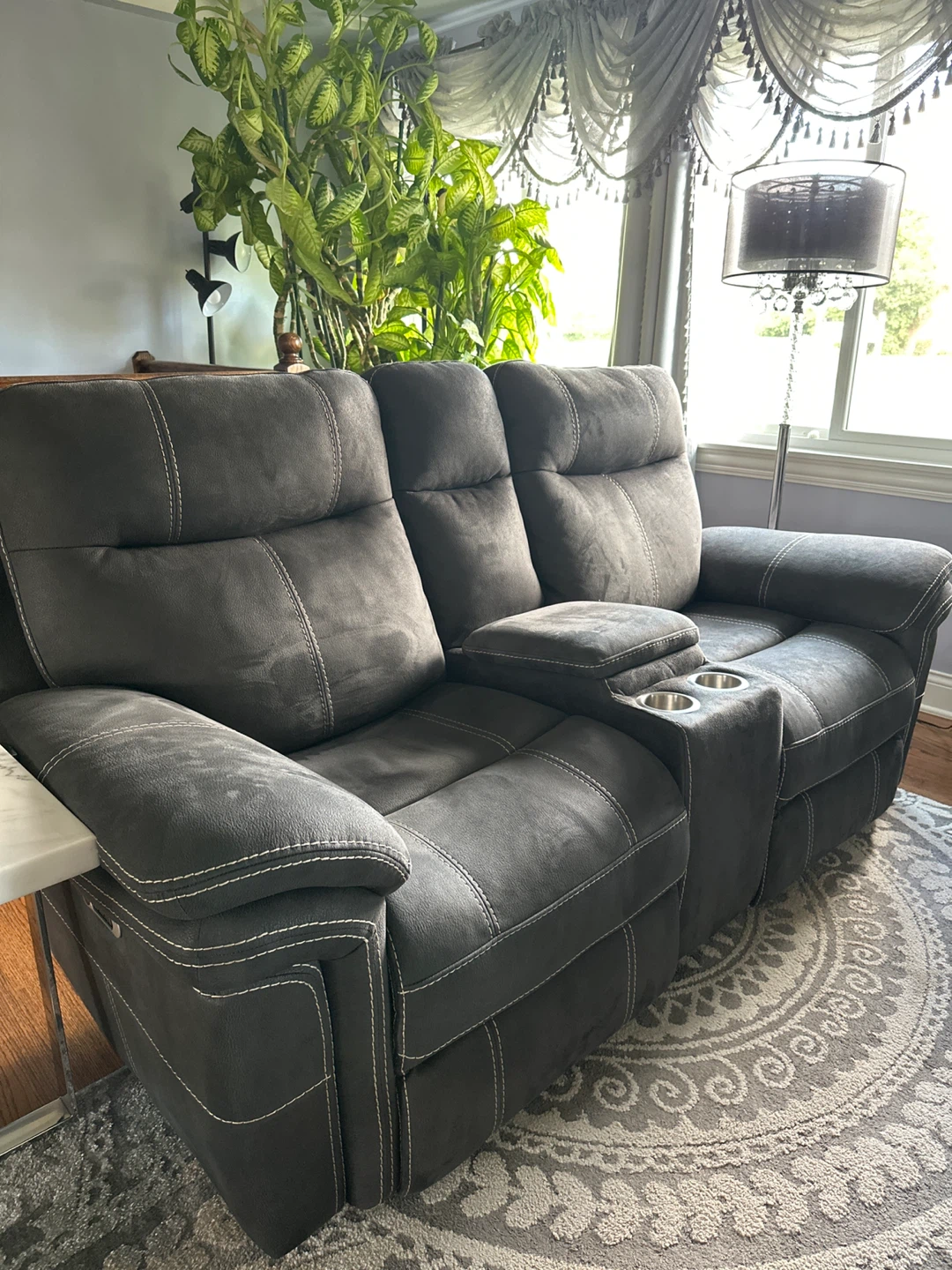 Gray Reclining Sofa  and sets of 4 marble tops tables