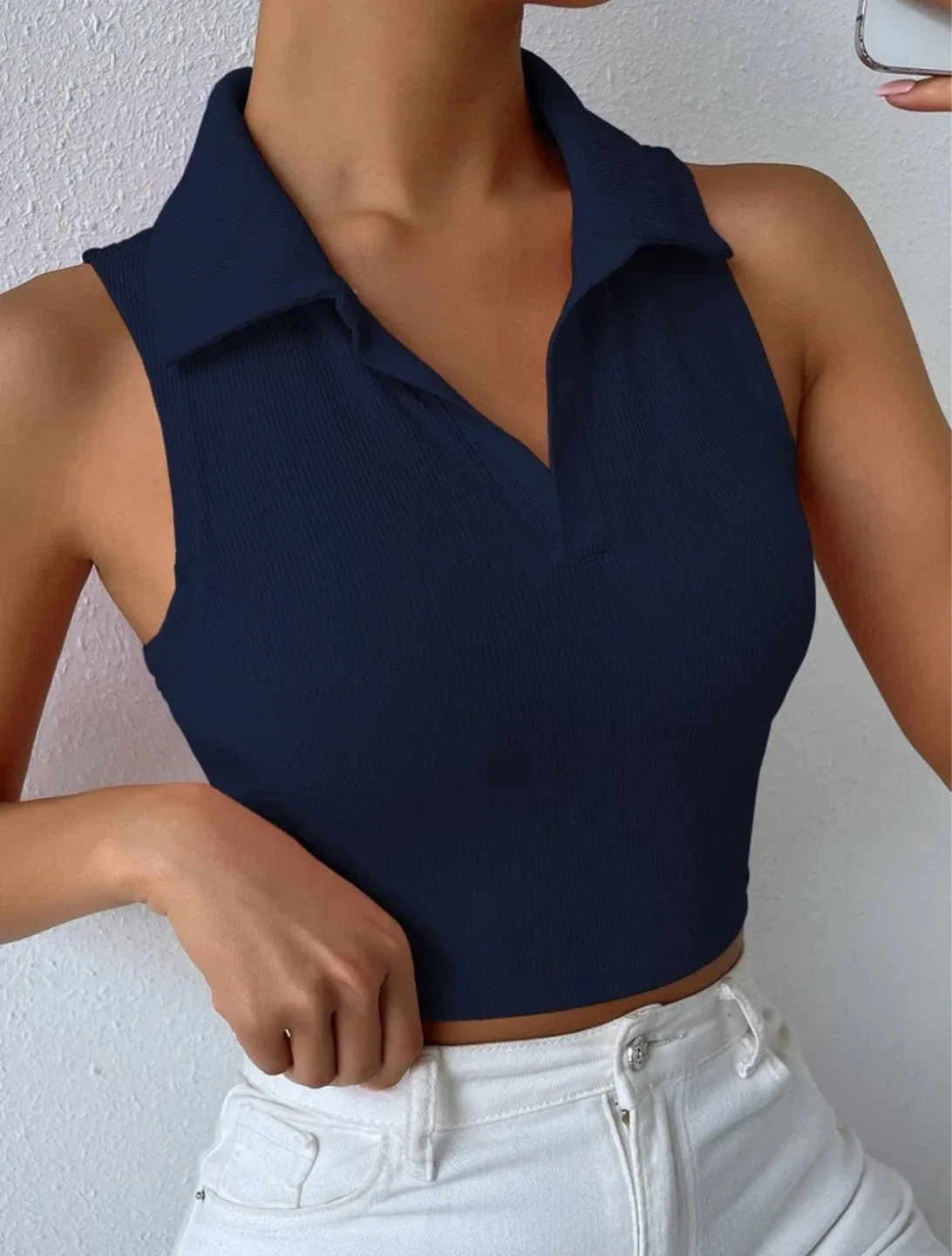 Set of 2 new ribbed polo cropped tops XS image indicator(4)