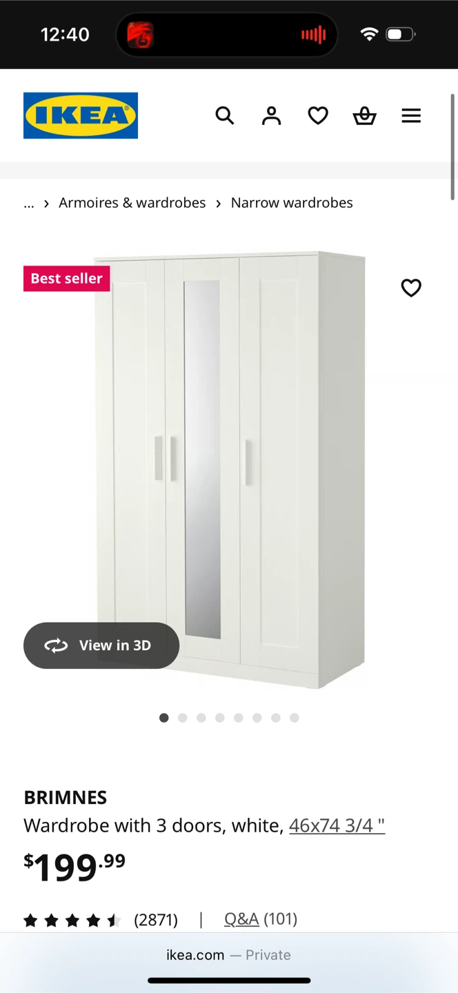 IKEA BRIMNES Wardrobe with 3 Doors, White
