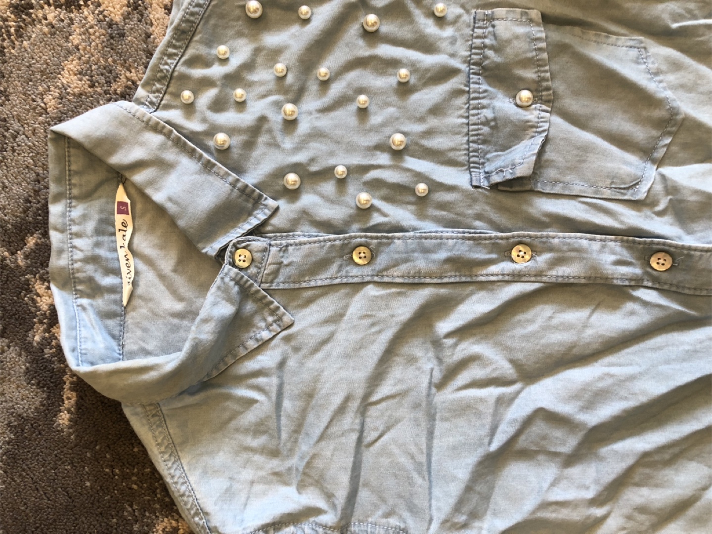 Given Kale Chambray Pearl Embellished Shirt - Size S